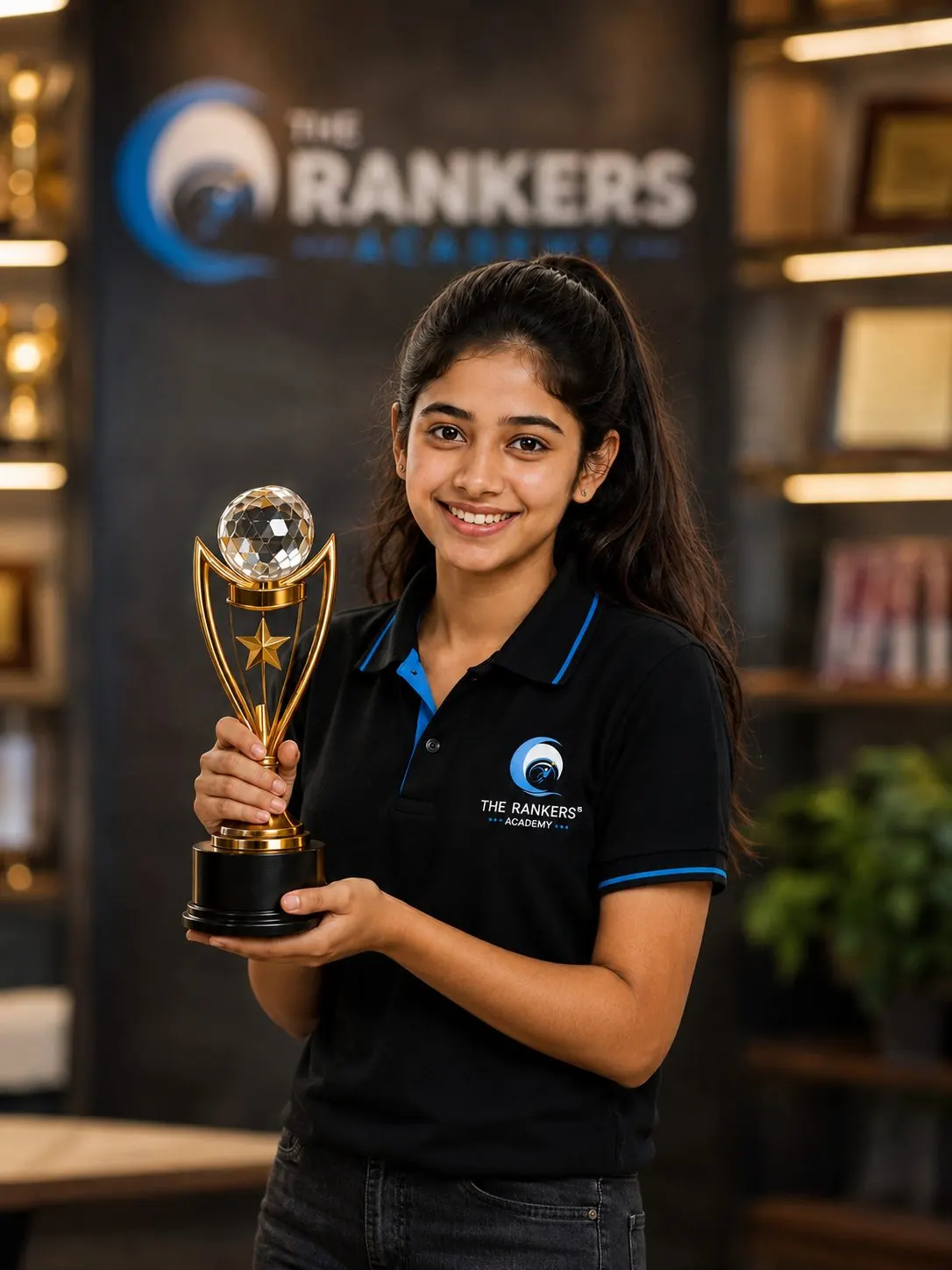 Female student proudly holding a Rankers Academy trophy