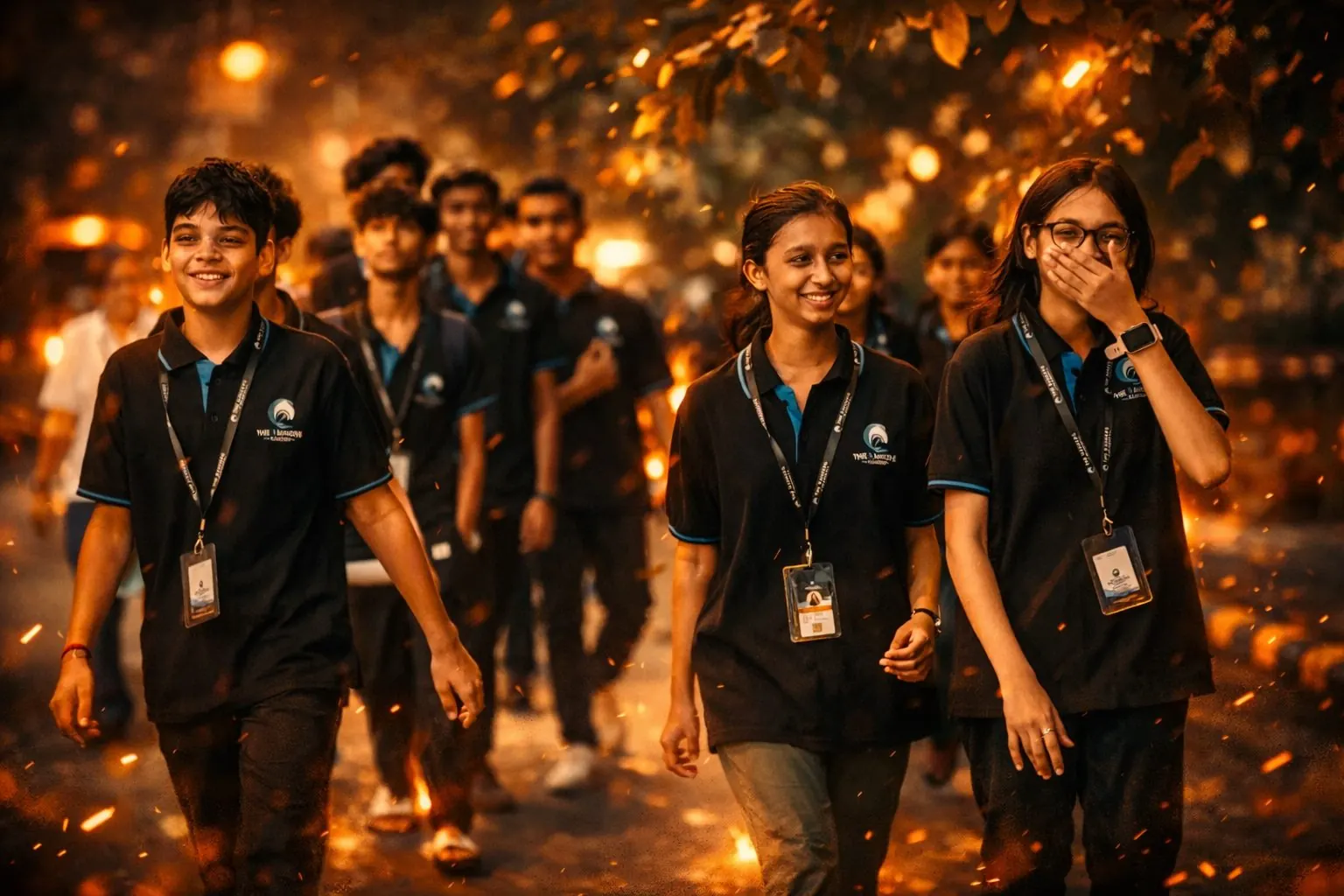 Student cohort walking to class in uniform